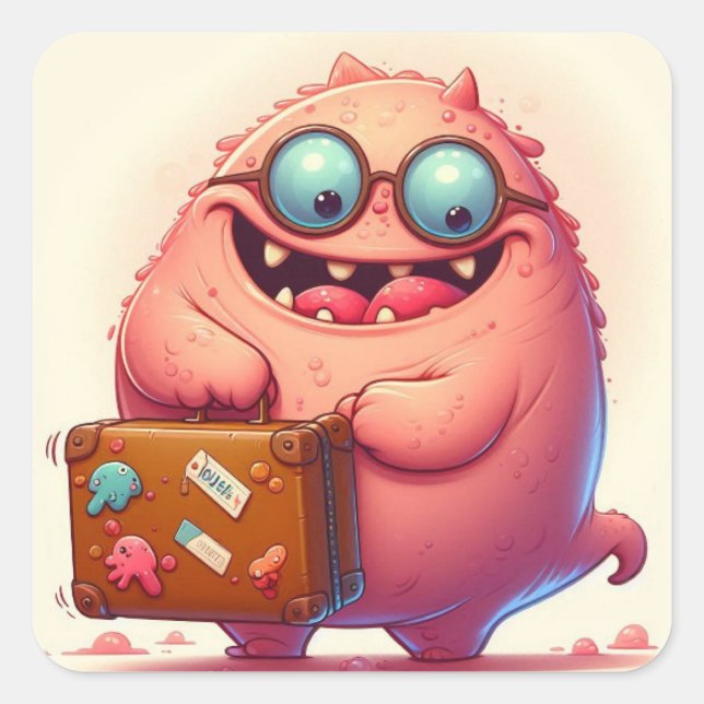 "Das kleine Monster fährt in den Urlaub" Quadratischer Aufkleber (Vorderseite)