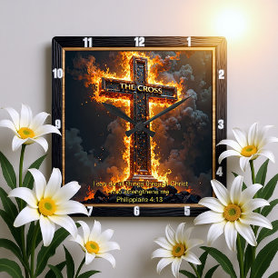 Das Kreuz-Medaillon Feuer Philipper 4,13 Vers Quadratische Wanduhr