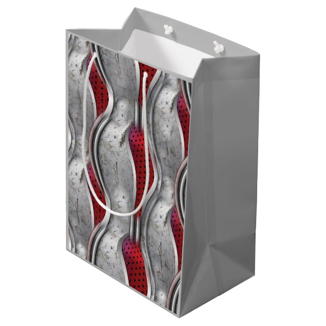 Das kühne Metallic 3D Red Gray Texture Look Mittlere Geschenktüte (Rückseite Schrägansicht)