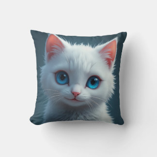 Das Lächeln einer weißen Katze mit blauen Augen Kissen