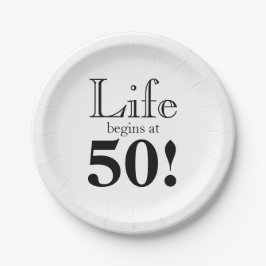 Das Leben beginnt bei 50 coolen Retro-Schriftart Pappteller