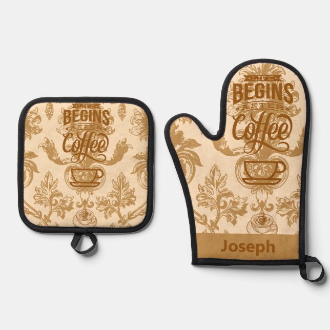 Das Leben beginnt mit Kaffee Ofenhandschuh & Topflappen-Set (Vorderseite)