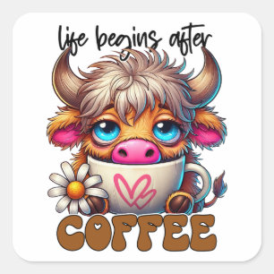 Das Leben beginnt nach dem Kaffee  Quadratischer Aufkleber