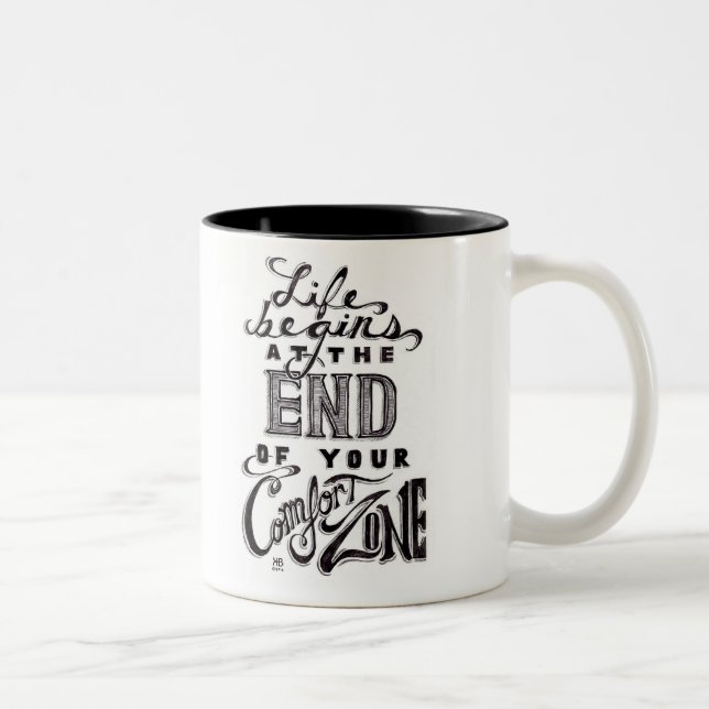 "das Leben fängt am Ende Ihrer Kuschelecke " an Zweifarbige Tasse (Rechts)