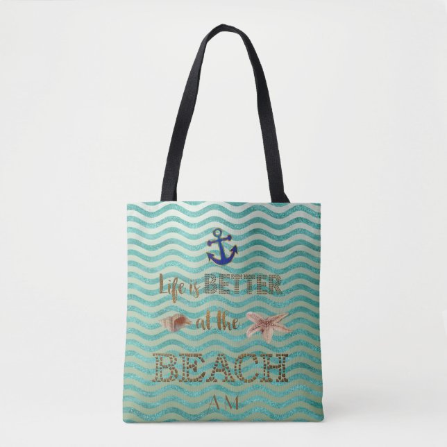 Das Leben ist am BEACH Typografy Monogramm besser Tasche (Vorderseite)