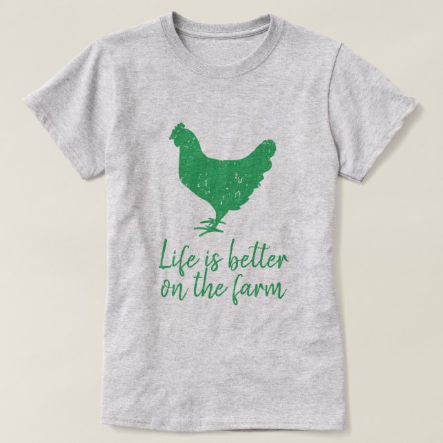 Das Leben ist besser auf dem grünen Hühnerlogo des T-Shirt (Design vorne)