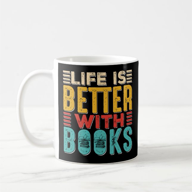 Das Leben ist besser mit Büchern schwarzer Becher Kaffeetasse (Links)