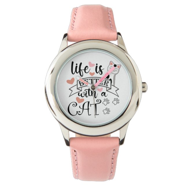 Das Leben ist besser mit einem Cat-Anführungsmotto Armbanduhr (Vorderseite)