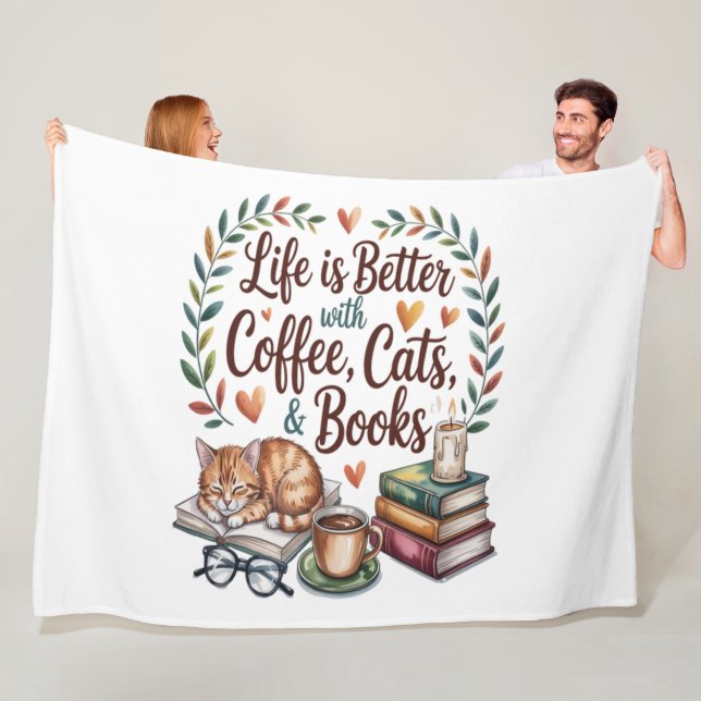 Das Leben ist besser mit Kaffee Katzen Büchern Fleecedecke (Beispiel)