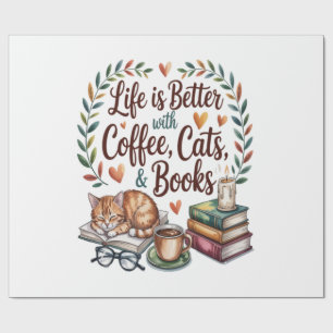Das Leben ist besser mit Kaffee Katzen Büchern Geschenkpapier