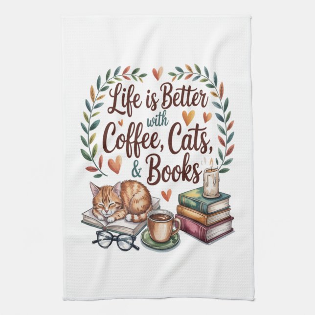 Das Leben ist besser mit Kaffee Katzen Büchern Geschirrtuch (Vertikal)