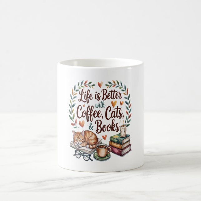 Das Leben ist besser mit Kaffee Katzen Büchern Kaffeetasse (Mittel)