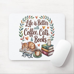 Das Leben ist besser mit Kaffee Katzen Büchern Mousepad