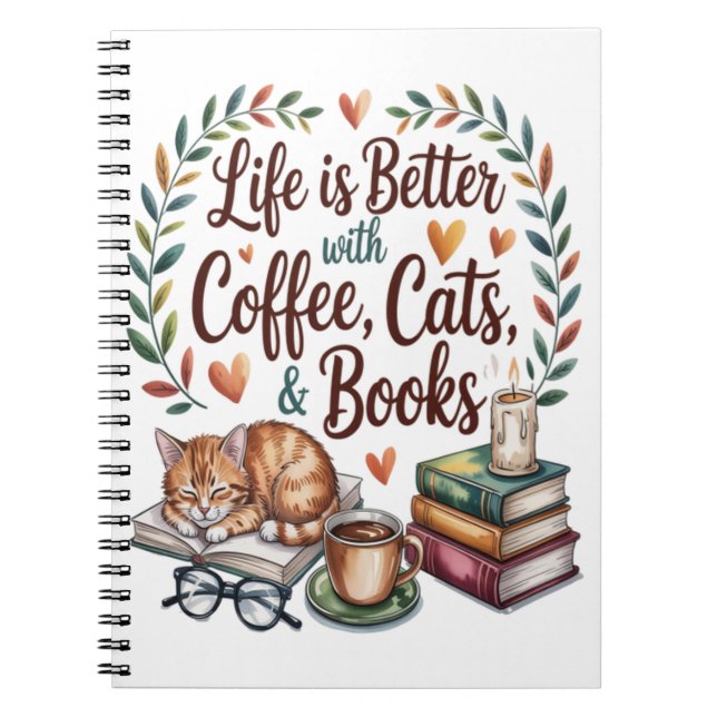 Das Leben ist besser mit Kaffee Katzen Büchern Notizblock (Vorderseite)