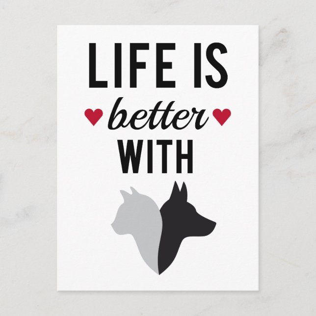 Das Leben ist besser mit Katze und Hund, Textdesig Postkarte (Vorderseite)