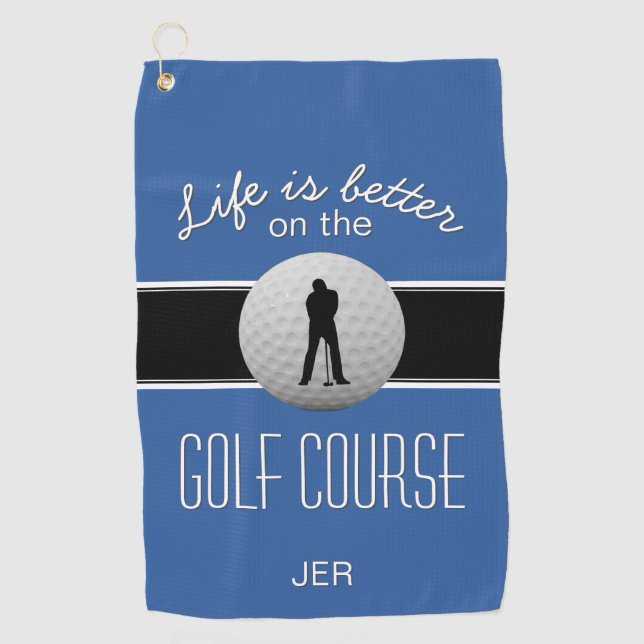 Das Leben ist besser Zitat Golf Ball Monogram Blue Golfhandtuch (Vorderseite)