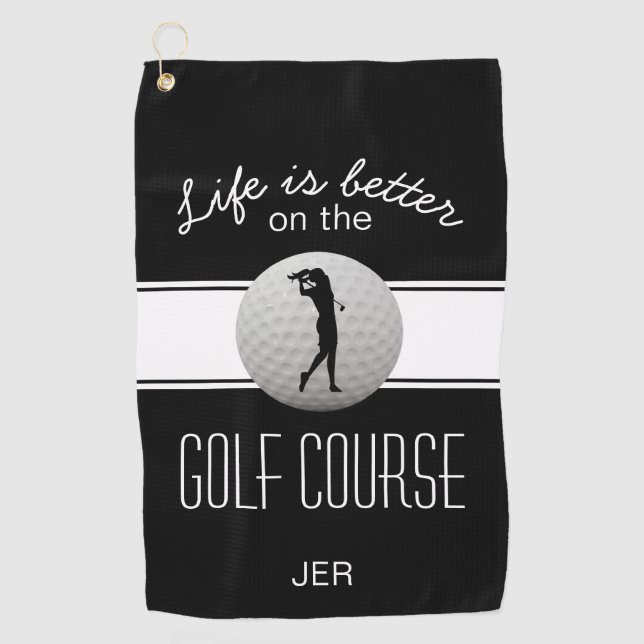 Das Leben ist besser Zitat Golf Mit Monogramm Schw Golfhandtuch (Vorderseite)