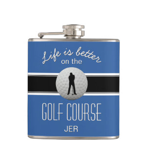Das Leben ist besser Zitat Golfball Monogramm Blau Flachmann