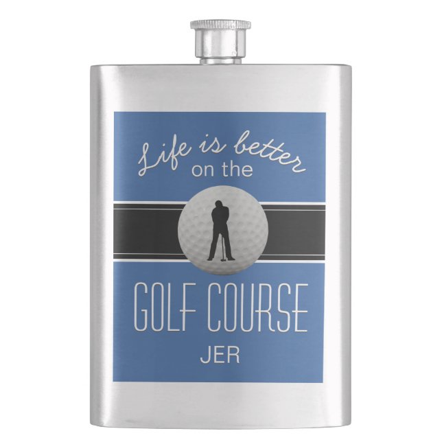 Das Leben ist besser Zitat Golfspielen Monogram Ro Flachmann (Vorderseite)