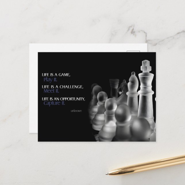 "Das Leben ist ein Spiel" Inspiration Zitat Postkarte (Vorderseite/Rückseite Beispiel)