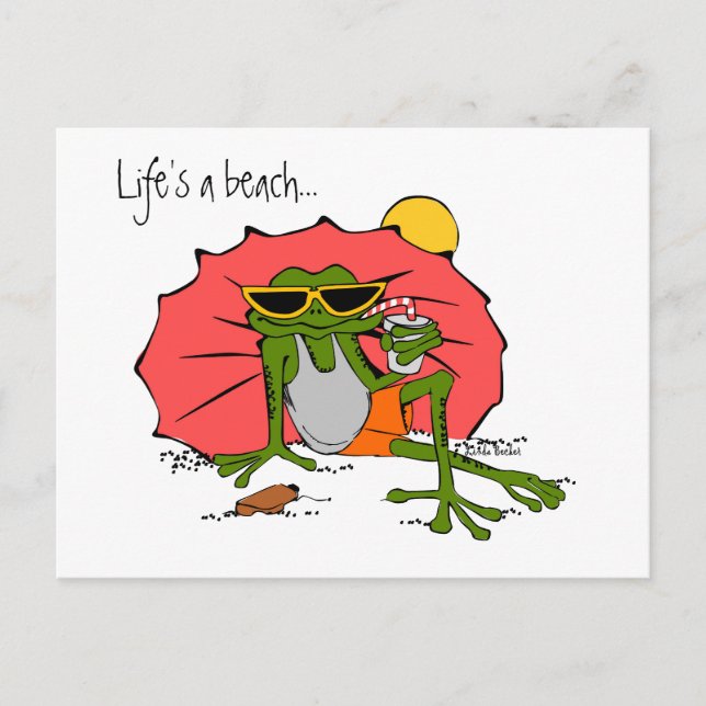 Das Leben ist ein Strand... Cartoon Frog am Strand Postkarte (Vorderseite)