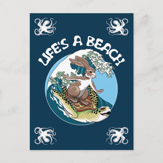 Das Leben ist ein Strand - Kaninchen und Schildkrö Postkarte (Vorderseite)