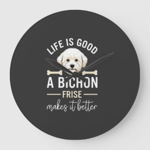 Das Leben ist gut Bichon Frise Hundeknochen Weiße Große Wanduhr