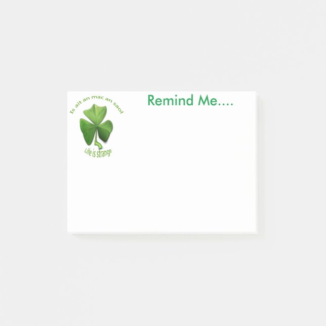 Das Leben ist seltsam. Irisches Design erinnert mi Post-it Klebezettel (Vorderseite)