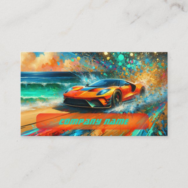Das lebendige Orange Sportscar am Strand von Tropi Visitenkarte (Vorderseite)