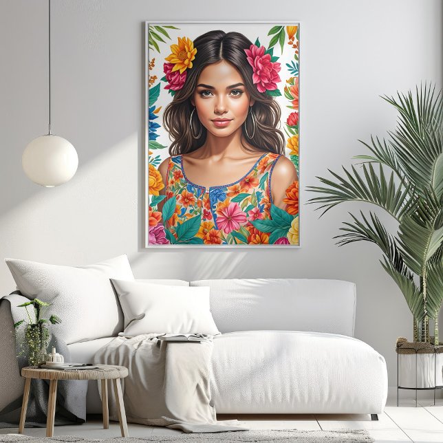Das lebendige Portrait von Latino American Girl Wa Poster (Vibrant Latino American Girl Watercolor Portrait Poster Mockup 1)