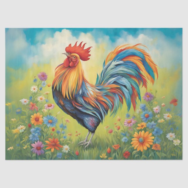 Das lebhafte Rooster im Blumengarten Seidenpapier (Vorderseite)
