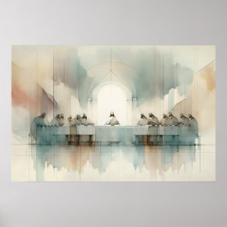 Das letzte Abendmahl Blaue Aquarell-Landschaftssze Poster