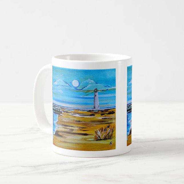 Das Leuchtturm am Strand Gemälde / Alfred Fox  Kaffeetasse (Vorderseite Links)