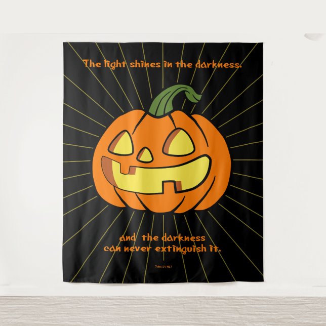 Das Licht strahlt in der Dunkelheit Jack-o-Laterne Wandteppich (Vorderseite)