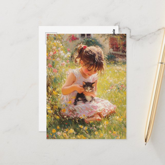 Das liebliche kleine Mädchen in Pink und ihre Kätz Postkarte (Vorderseite/Rückseite Beispiel)