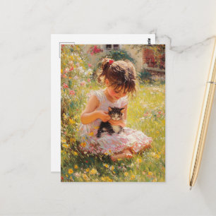 Das liebliche kleine Mädchen in Pink und ihre Kätz Postkarte