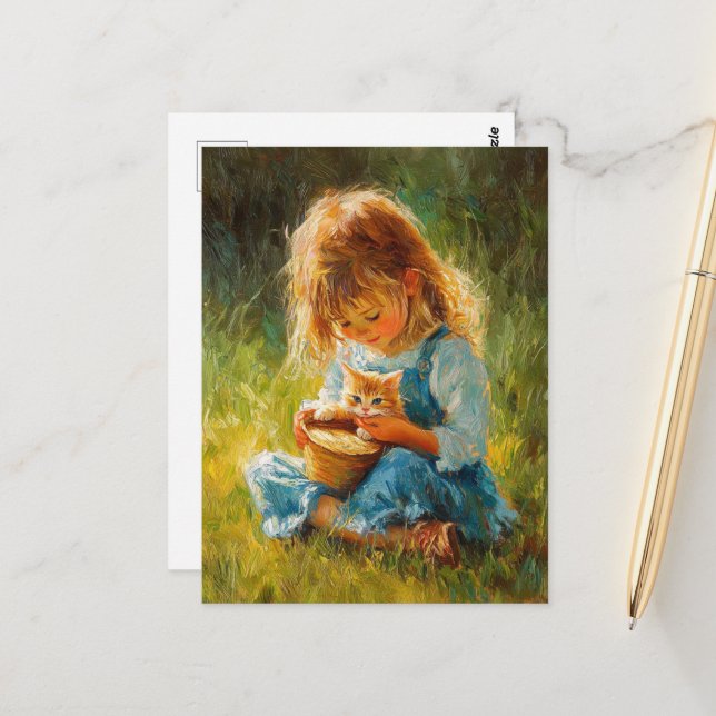 Das liebliche kleine Mädchen und ihre Kätzchen Postkarte (Vorderseite/Rückseite Beispiel)