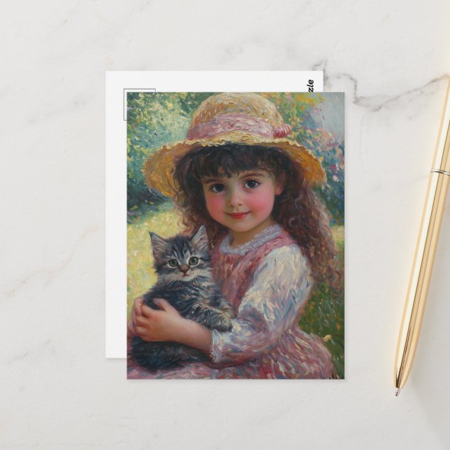 Das liebliche kleine Mädchen und ihre Katze Postkarte (Vorderseite/Rückseite Beispiel)