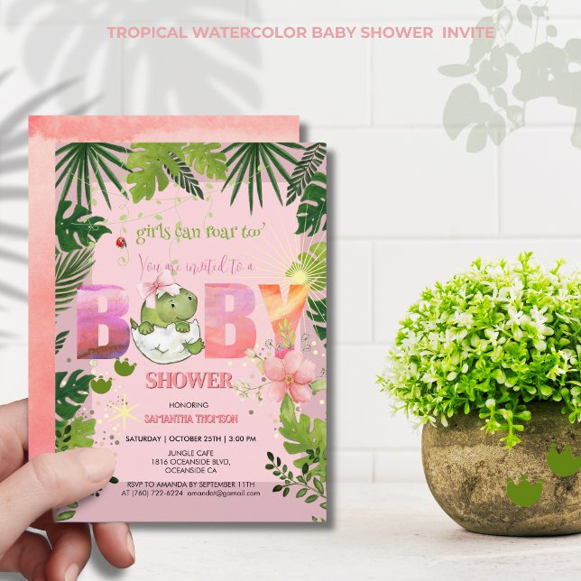 Das Mädchen kann auch rauchen! Wasserfarbe Dinosau Einladung (Girl Can Roar Too! Watercolor Dinosaur Baby Shower Invitation)