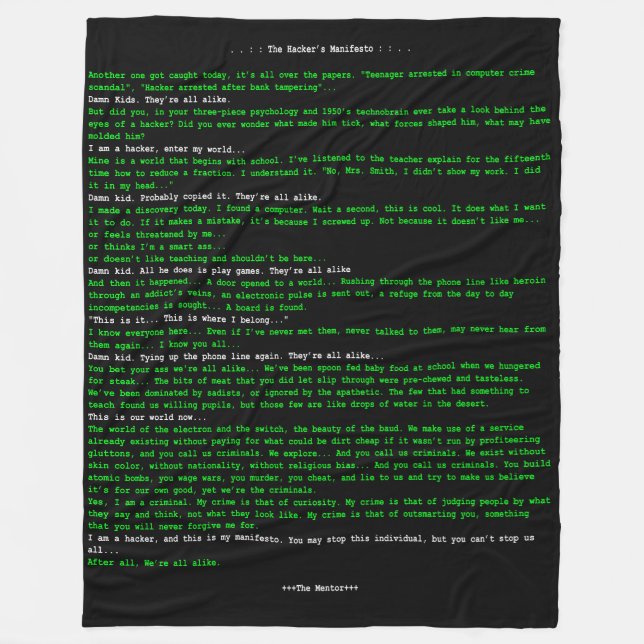 Das Manifest des Hackers Fleecedecke (Vorderseite)