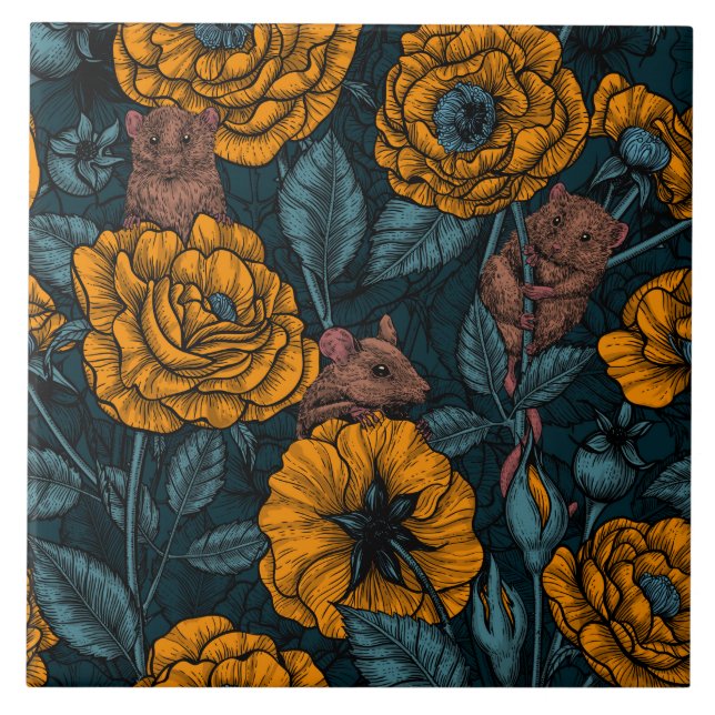 Das Mäuse-Party in Orange und Blau Fliese (Vorderseite)