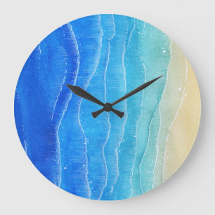Das Meer und der Strand sind in Aquarellen gehalte Große Wanduhr