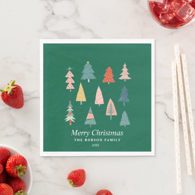 Das moderne grüne Set des Weihnachtsbaumurlaubs Serviette (Beispiel)