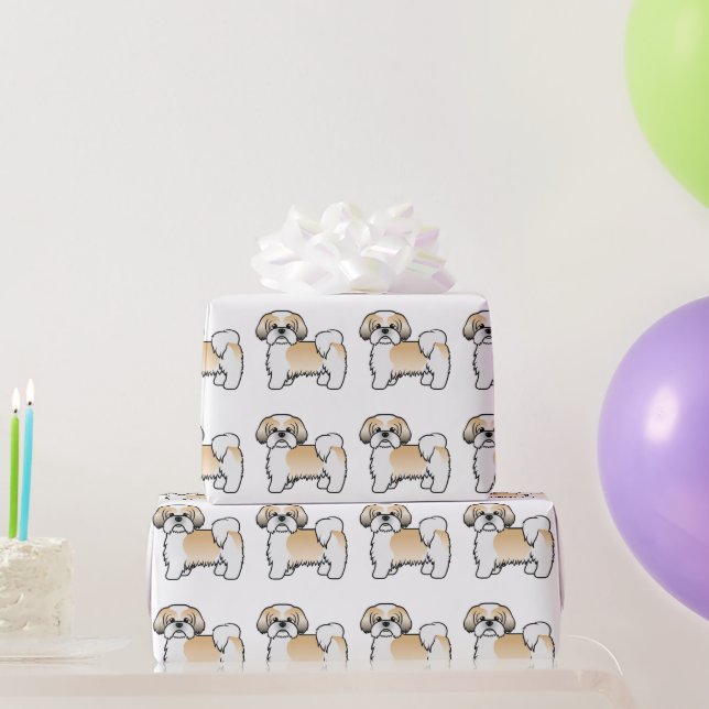 Das Muster des Golden und White Shih Tzu Cartoon Geschenkpapier (Partygeschenke)