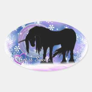 Das mystische Schwarze Einhorn (Lass es schneien) Ovaler Aufkleber
