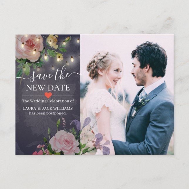 Das neue Date Chic Wedding Postponement Foto geret Ankündigungspostkarte (Vorderseite)