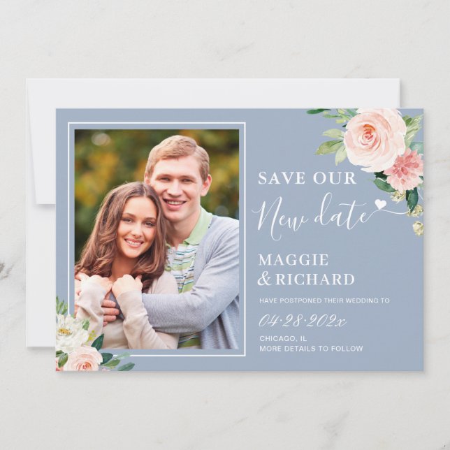 Das neue Datum Dusty Blue Blush Pink Floral gerett Save The Date (Vorderseite)