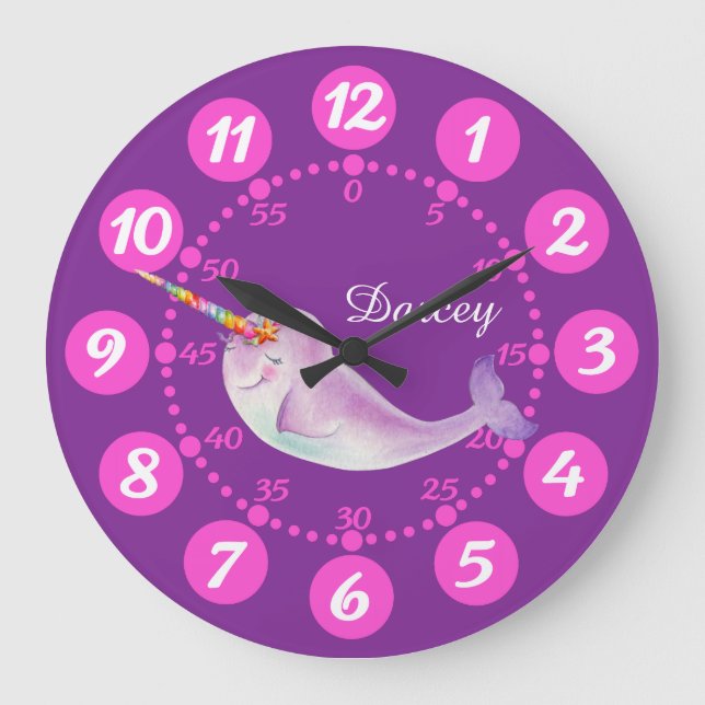 Das niedliche Narwal-Whimsy-Aquarell-Rosa des Kind Große Wanduhr (Vorderseite)