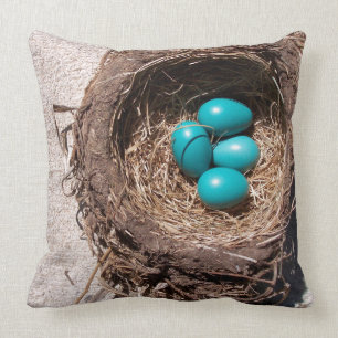 Das niedliche Nest-blaue Robin-Eier des rustikalen Kissen