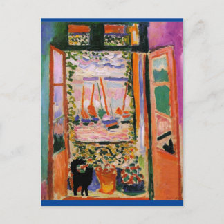 Das offene Fenster mit schwarzer Katze Parodie Postkarte